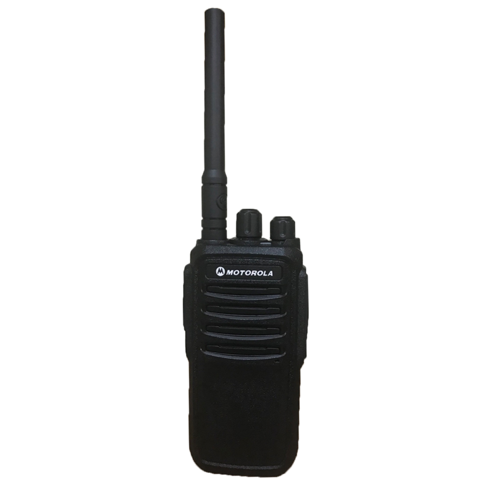 Technician handling handheld radio equipment for repair and maintenance