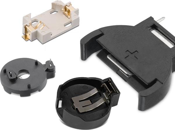 Coin cell battery holder components for PCB and electronic assembly
