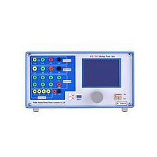 Technician performing calibration and verification on electrical relay testing equipment